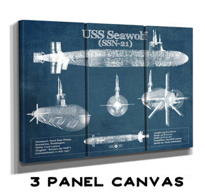 36" x 24" / 3 Panel Canvas Wrap Cutler West USS Seawolf (SSN-21) Blueprint Original Military Wall Art