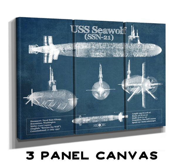 36" x 24" / 3 Panel Canvas Wrap Cutler West USS Seawolf (SSN-21) Blueprint Original Military Wall Art