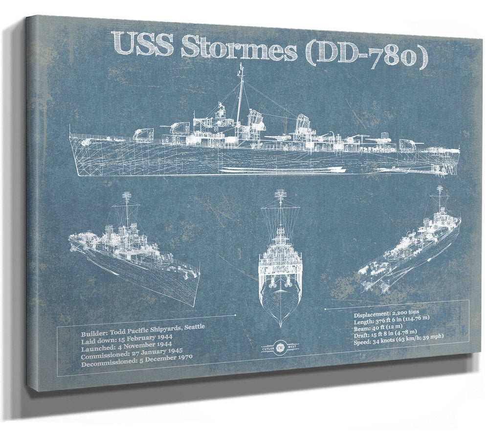 14" x 11" / Stretched Canvas Wrap Cutler West USS Stormes (DD-780) Allen M. Sumner-class Destroyer Blueprint Original Military Wall Art