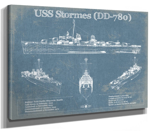 14" x 11" / Stretched Canvas Wrap Cutler West USS Stormes (DD-780) Allen M. Sumner-class Destroyer Blueprint Original Military Wall Art
