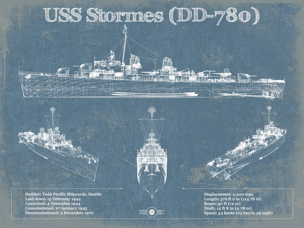 14" x 11" / Stretched Canvas Wrap Cutler West USS Stormes (DD-780) Allen M. Sumner-class Destroyer Blueprint Original Military Wall Art