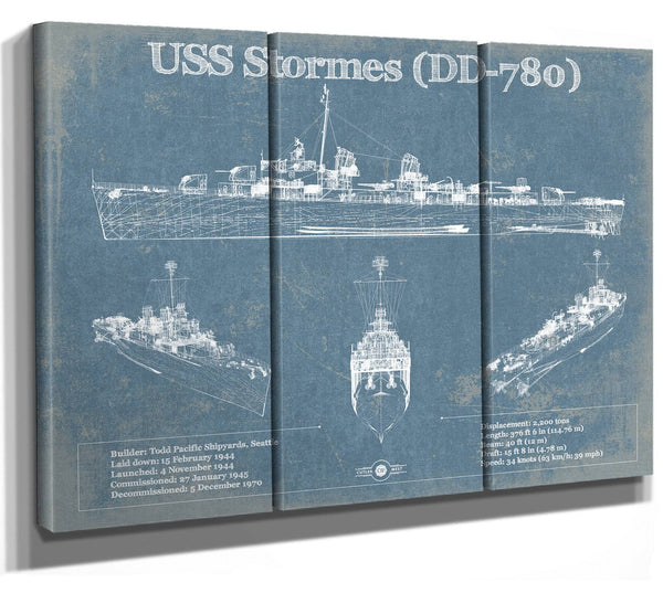 36" x 24" / 3 Panel Canvas Wrap Cutler West USS Stormes (DD-780) Allen M. Sumner-class Destroyer Blueprint Original Military Wall Art