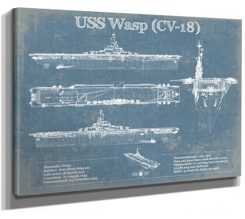 14" x 11" / Stretched Canvas Wrap Cutler West USS Wasp (CV-18) Aircraft Carrier Blueprint Original Military Wall Art - Customizable
