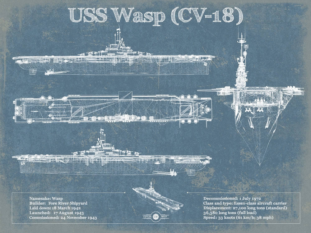 14" x 11" / Stretched Canvas Wrap Cutler West USS Wasp (CV-18) Aircraft Carrier Blueprint Original Military Wall Art - Customizable