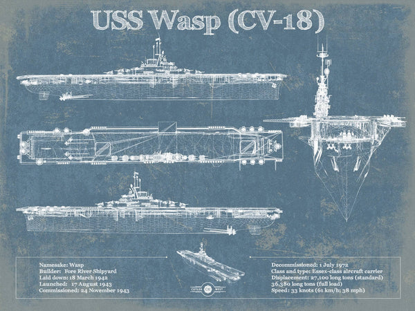 14" x 11" / Unframed Cutler West USS Wasp (CV-18) Aircraft Carrier Blueprint Original Military Wall Art - Customizable