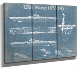 36" x 24" / 3 Panel Canvas Wrap Cutler West USS Wasp (CV-18) Aircraft Carrier Blueprint Original Military Wall Art - Customizable