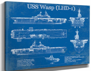 14" x 11" / Stretched Canvas Wrap Cutler West USS Wasp (LHD-1) Aircraft Carrier Blueprint Original Military Wall Art - Customizable
