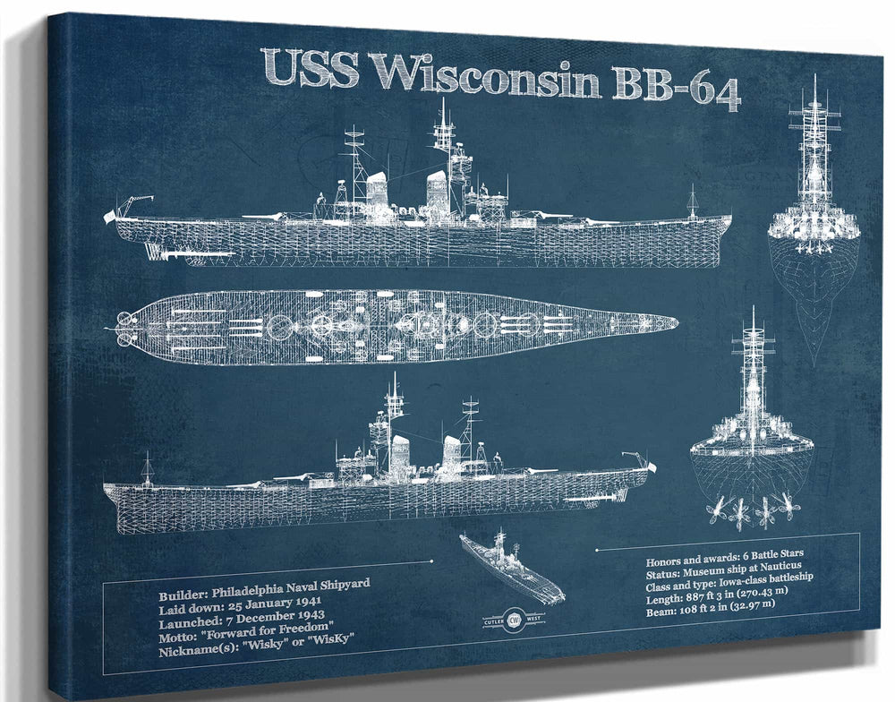 14" x 11" / Stretched Canvas Wrap Cutler West USS Wisconsin (BB-64) Blueprint Original Military Wall Art - Customizable