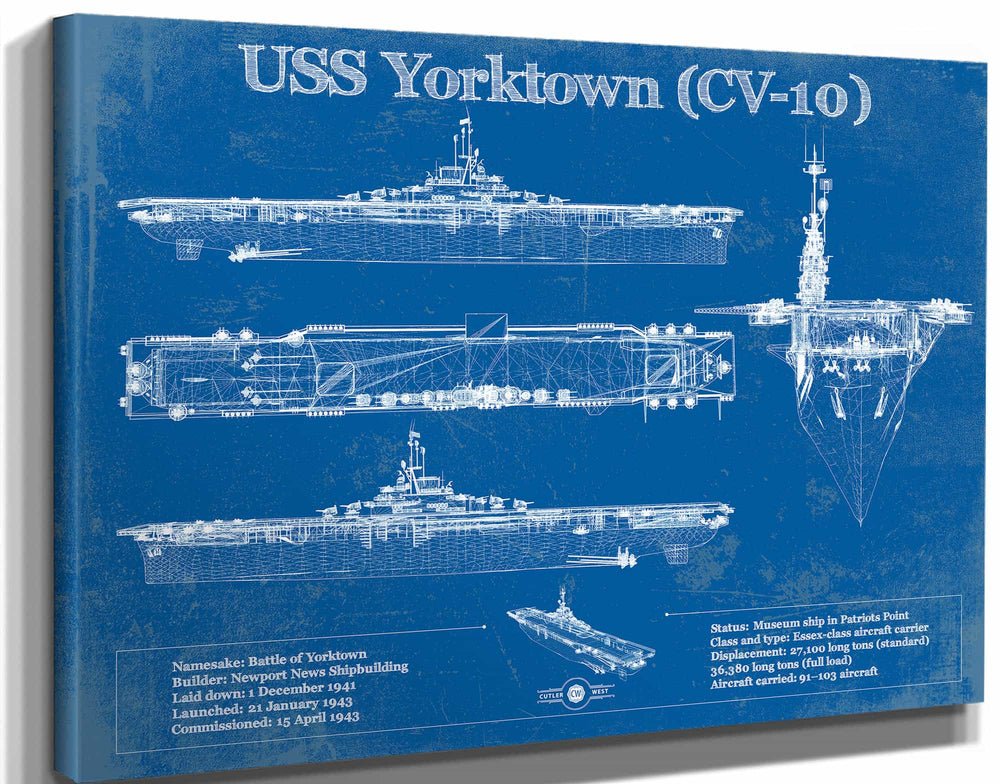 14" x 11" / Stretched Canvas Wrap Cutler West USS Yorktown (CV-10) Aircraft Carrier Blueprint Original Military Wall Art - Customizable