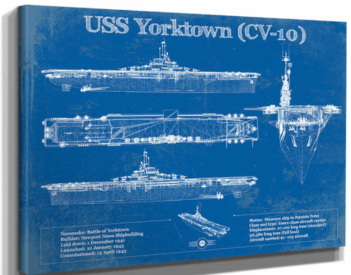 14" x 11" / Stretched Canvas Wrap Cutler West USS Yorktown (CV-10) Aircraft Carrier Blueprint Original Military Wall Art - Customizable