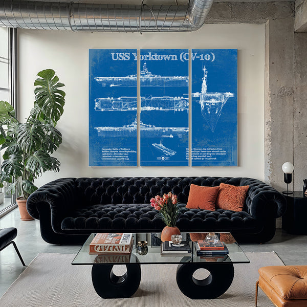 USS Yorktown (CV-10) Aircraft Carrier Print as a 3 panel canvas wrap in a modern living room