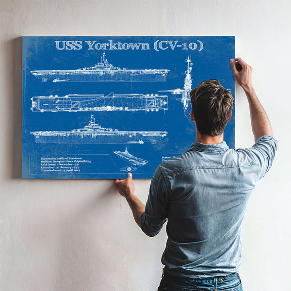 USS Yorktown (CV-10) Aircraft Carrier Print framed in Vintage Black above a mid-century record console