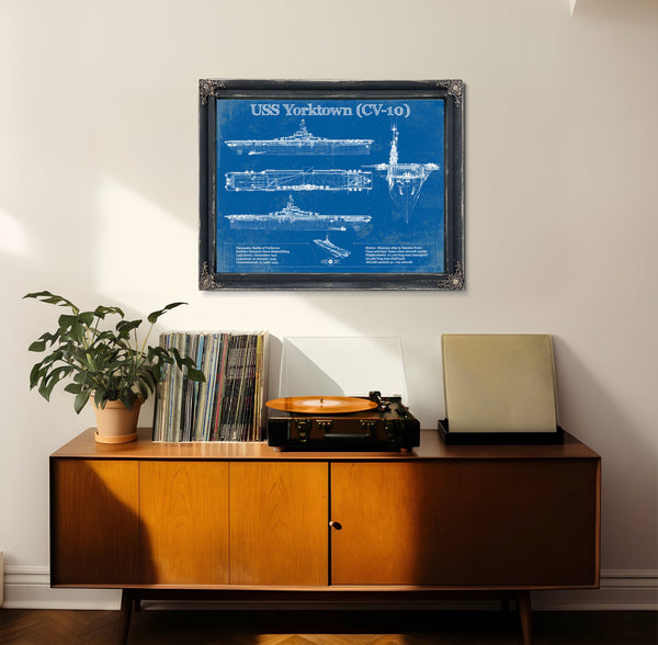 USS Yorktown (CV-10) Aircraft Carrier Print framed in Vintage Black in a loft bedroom