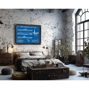 USS Yorktown (CV-10) Aircraft Carrier Print framed in Vintage Black in a farmhouse entryway