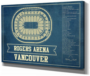 14" x 11" / Stretched Canvas Wrap Cutler West Vancouver Canucks - Rogers Arena Vintage Hockey Blueprint NHL Print