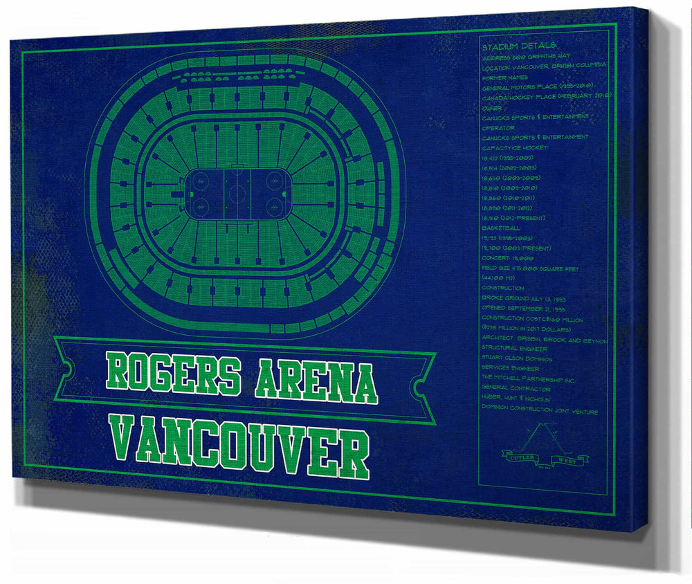 14" x 11" / Stretched Canvas Wrap Cutler West Vancouver Canucks Team Colors - Rogers Arena Vintage Hockey Blueprint NHL Print