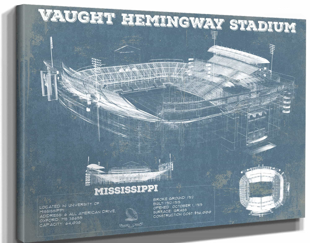 14" x 11" / Stretched Canvas Wrap Cutler West Vaught-Hemingway Stadium - Ole Miss Football Vintage Art Print