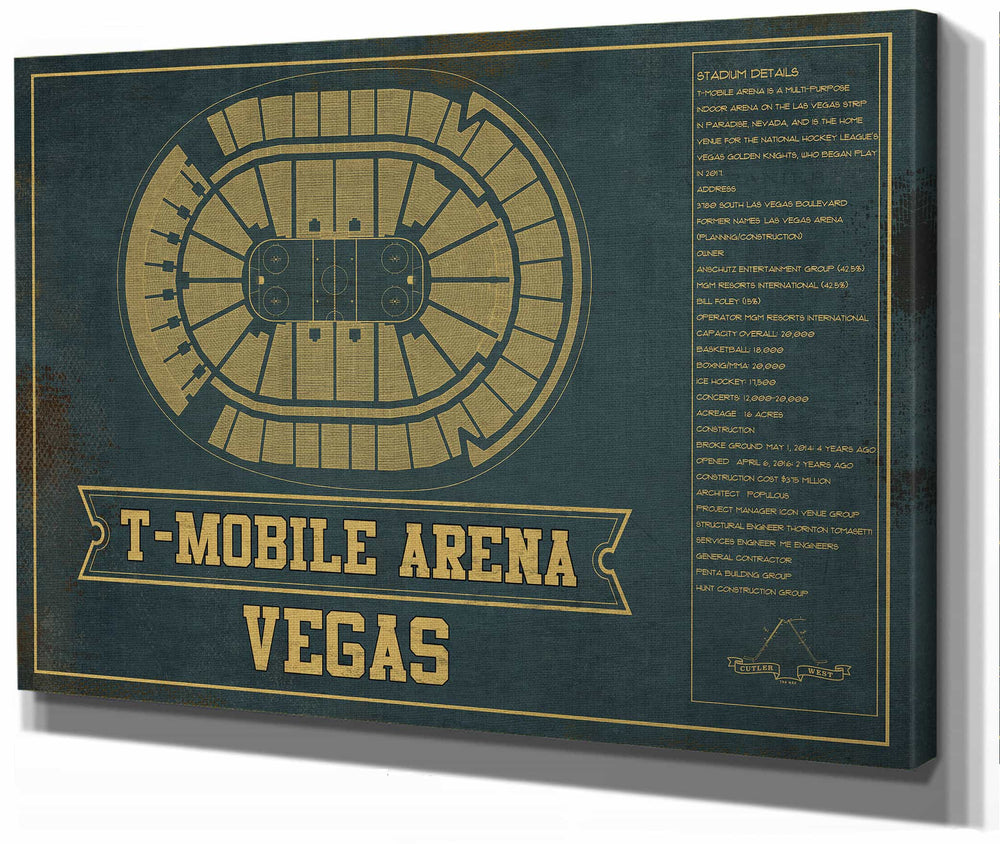 14" x 11" / Stretched Canvas Wrap Cutler West Vegas Golden Knights T-Mobile Arena Team Color Seating Chart - Vintage Hockey Print
