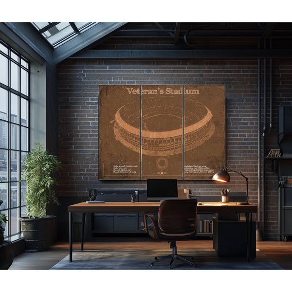 Veteran's Stadium - Philly Print as a 3 panel canvas wrap in an industrial loft office