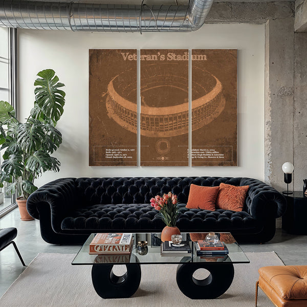 Veteran's Stadium - Philly Print as a 3 panel canvas wrap in a modern living room