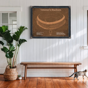 Veteran's Stadium - Philly Print framed in Vintage Black above a rustic console table
