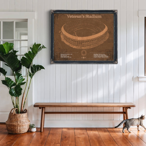 Veteran's Stadium - Philly Print framed in Vintage Black above a rustic console table