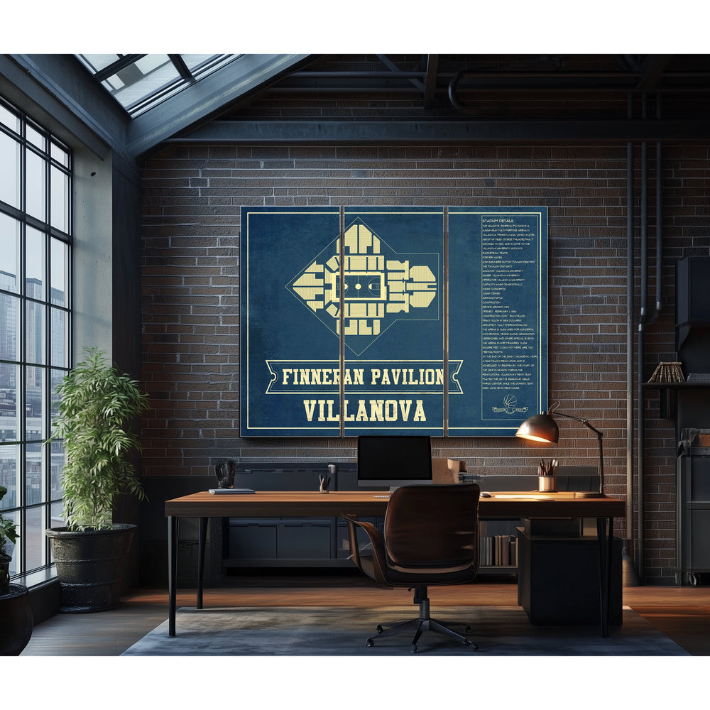 Villanova Wildcats - Finneran Pavilion Seating Chart - Print in a distressed Vintage Black wood frame with ornate corners