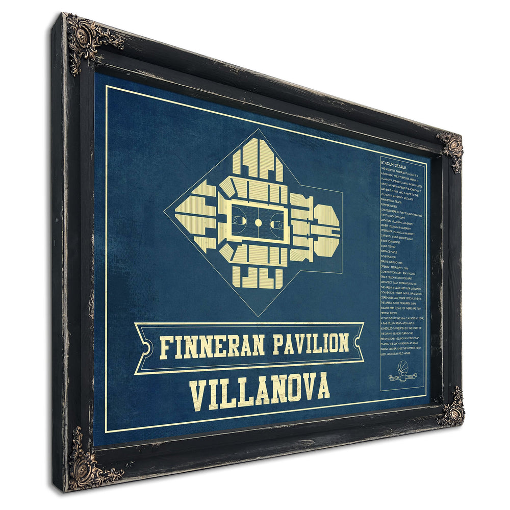 Villanova Wildcats - Finneran Pavilion Seating Chart - Print in a distressed Vintage Black wood frame with ornate corners