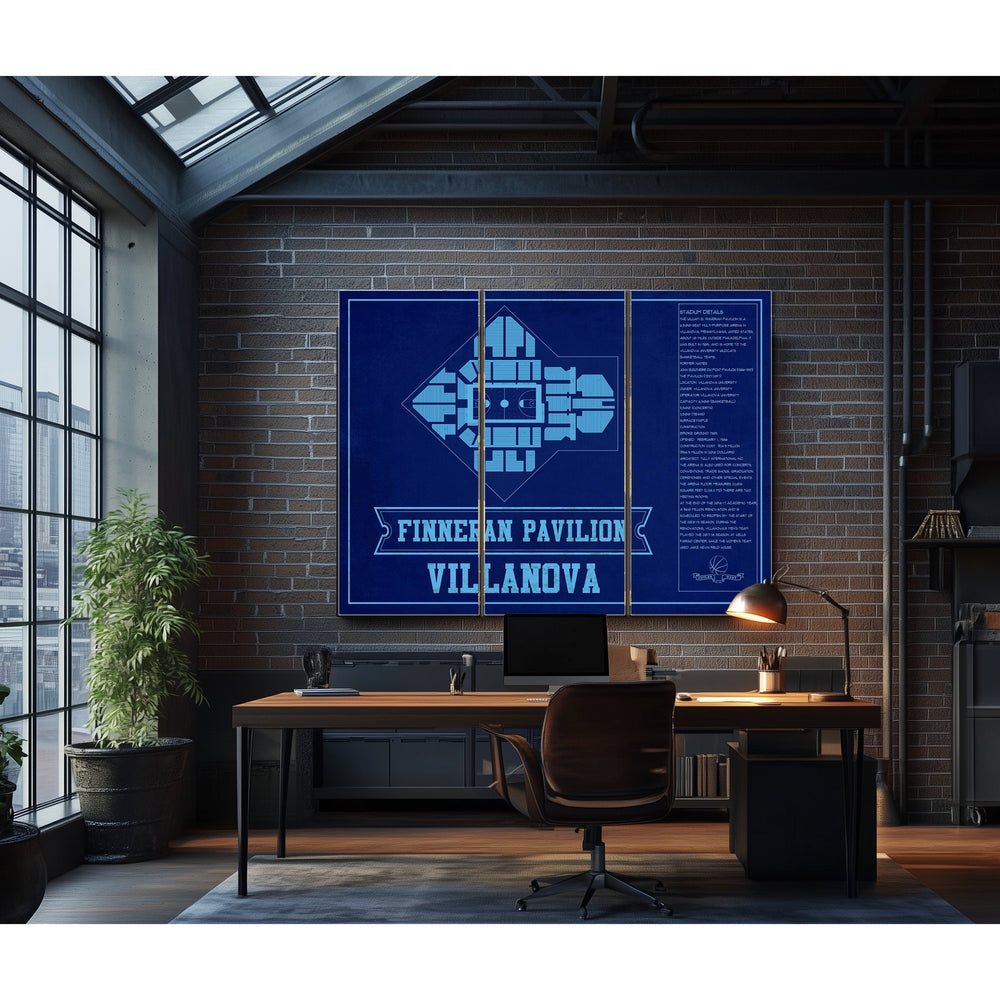Villanova Wildcats - Finneran Pavilion Seating Chart - Print in a distressed Vintage Black wood frame with ornate corners