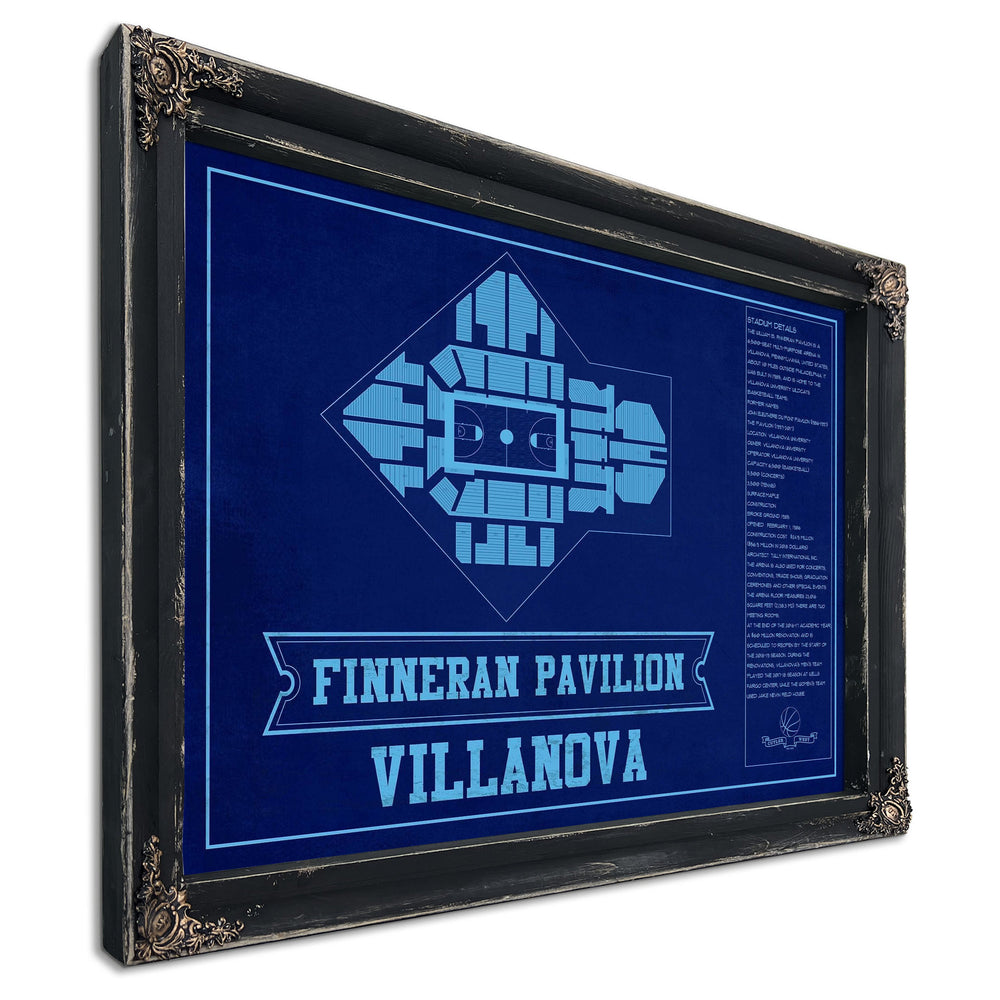 Villanova Wildcats - Finneran Pavilion Seating Chart - Print in a distressed Vintage Black wood frame with ornate corners
