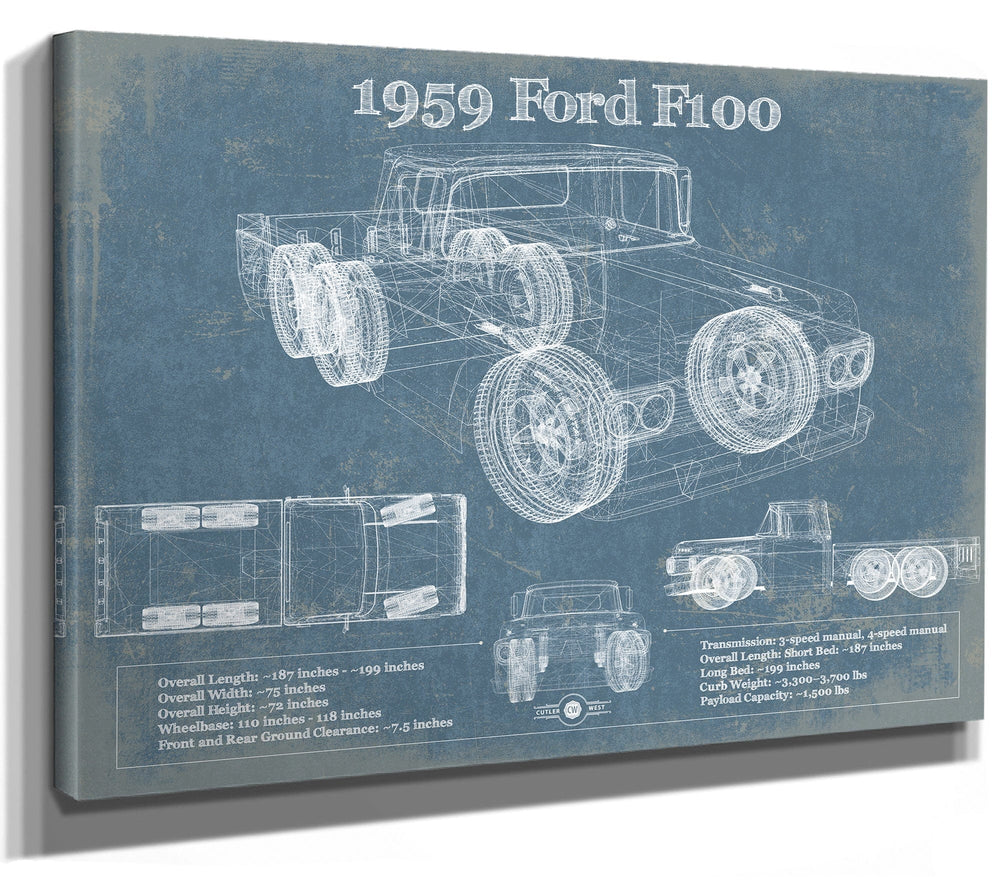 14" x 11" / Stretched Canvas Wrap Cutler West Vintage 1959 Ford F100 Blueprint Auto Print