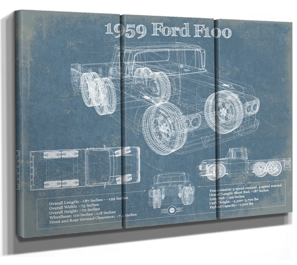 14" x 11" / Stretched Canvas Wrap Cutler West Vintage 1959 Ford F100 Blueprint Auto Print