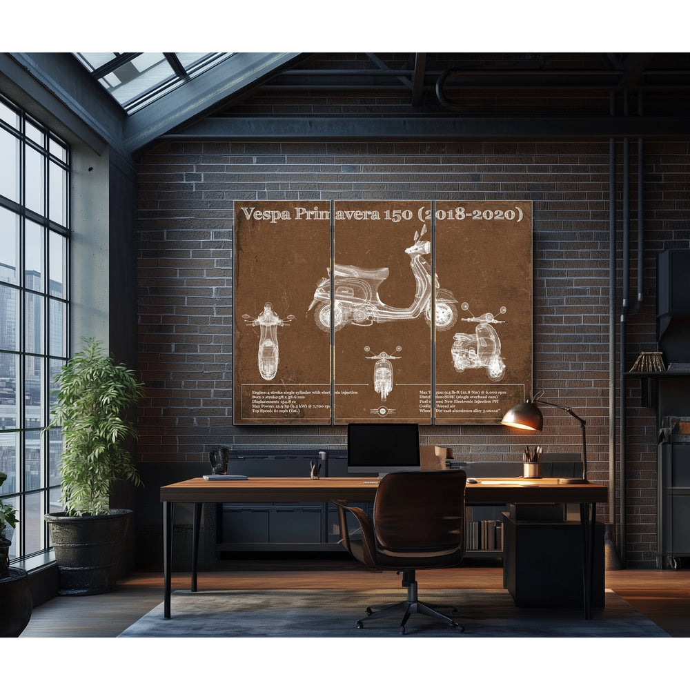 2018 - 2020 Vespa Primavera 150 Print in a distressed Vintage Black wood frame with ornate corners