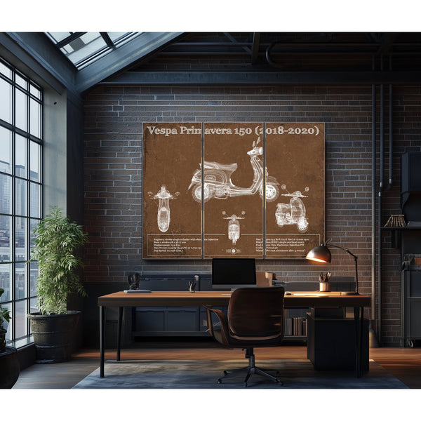 2018 - 2020 Vespa Primavera 150 Print as a 3 panel canvas wrap in an industrial loft office