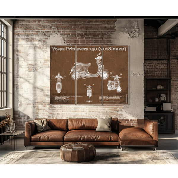 2018 - 2020 Vespa Primavera 150 Print as a 3 panel canvas wrap above a leather sofa