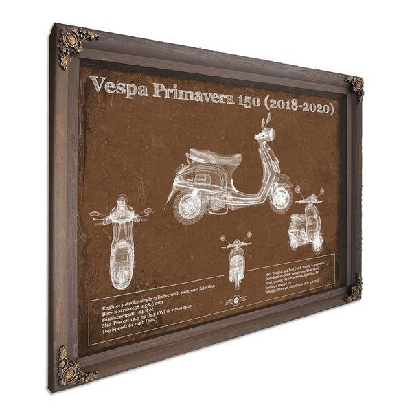 2018 - 2020 Vespa Primavera 150 Print in a Bourbon stained wood frame with antique gold corners