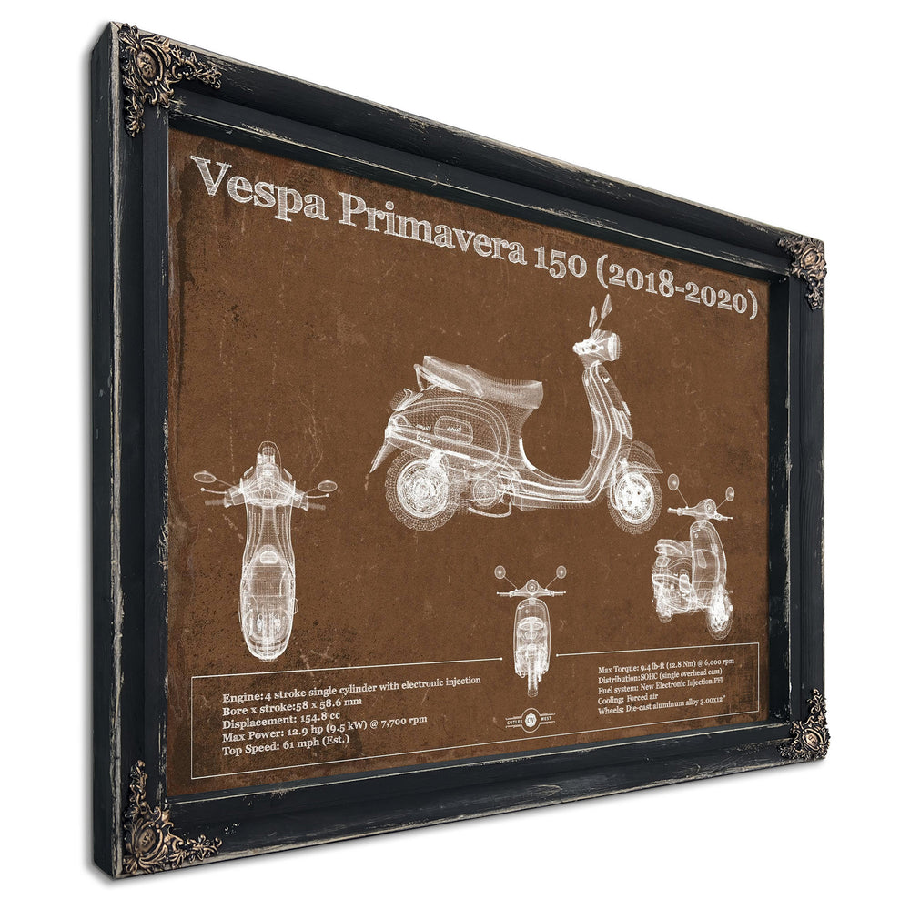 2018 - 2020 Vespa Primavera 150 Print in a distressed Vintage Black wood frame with ornate corners