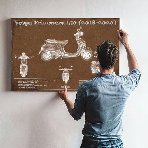 2018 - 2020 Vespa Primavera 150 Print framed in Vintage Black above a mid-century record console