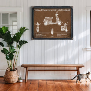 2018 - 2020 Vespa Primavera 150 Print framed in Vintage Black above a rustic console table