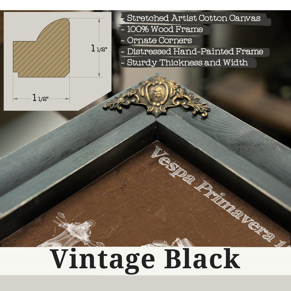 Vintage Black frame corner detail, 1.5 inch ornate wood moulding, 2018 - 2020 Vespa Primavera 150 Print