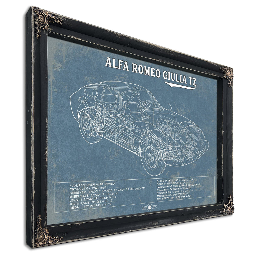 Alfa Romeo Giulia TZ Sports / Print in a distressed Vintage Black wood frame with ornate corners
