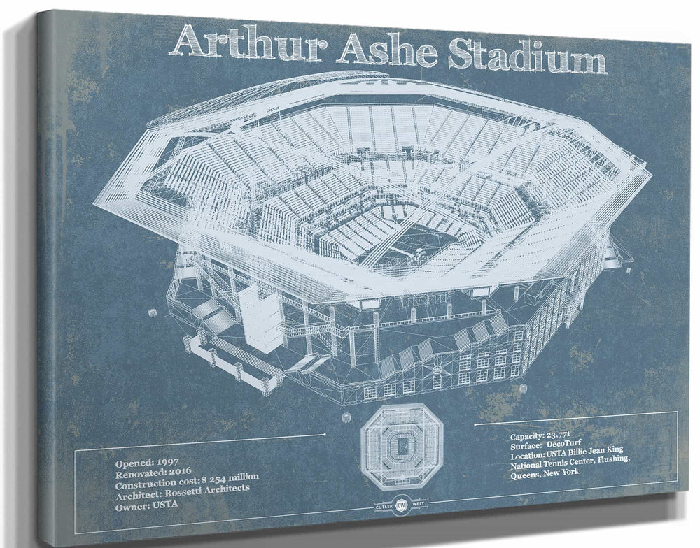 14" x 11" / Stretched Canvas Wrap Cutler West Vintage Arthur Ashe US Open Tennis Blueprint Art