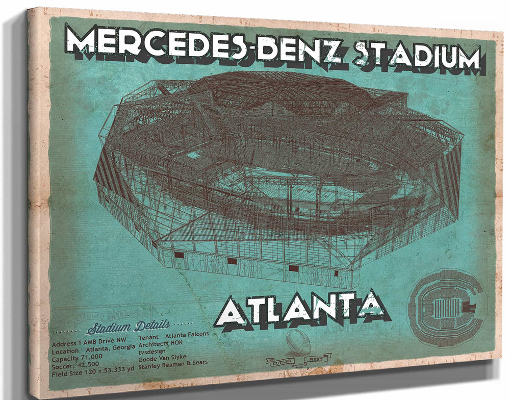 14" x 11" / Stretched Canvas Wrap Cutler West Vintage Atlanta Falcons - Mercedes-Benz Stadium Football Print