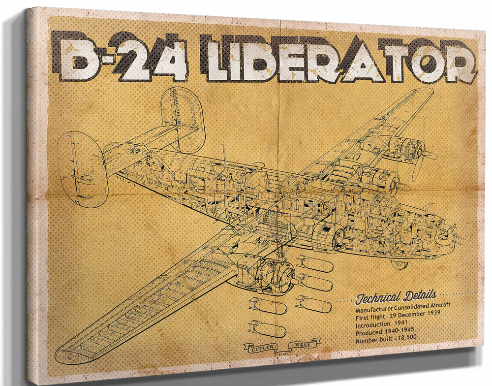 14" x 11" / Stretched Canvas Wrap Cutler West Vintage B-24 Liberator Bomber Military Print