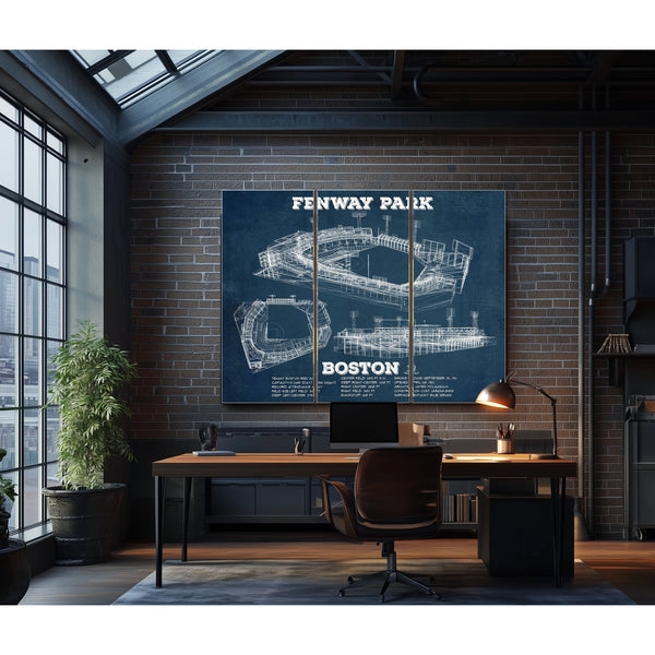 Boston Red Sox - Fenway Park Stadium Print as a 3 panel canvas wrap in an industrial loft office