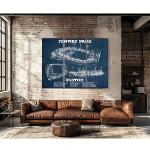 Boston Red Sox - Fenway Park Stadium Print as a 3 panel canvas wrap above a leather sofa