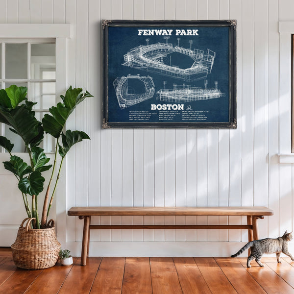 Boston Red Sox - Fenway Park Stadium Print framed in Vintage Black above a rustic console table