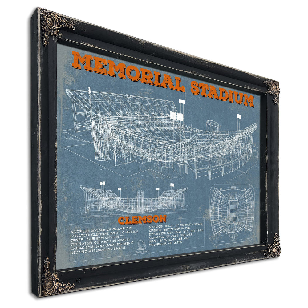 Clemson Tigers - Memorial Stadium Print in a distressed Vintage Black wood frame with ornate corners