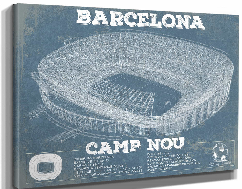 14" x 11" / Stretched Canvas Wrap Cutler West Vintage FC Barcelona Camp Nou Stadium Soccer Print