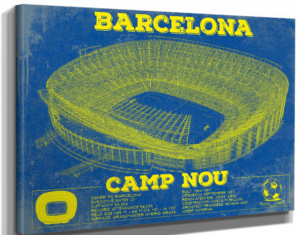 14" x 11" / Stretched Canvas Wrap Cutler West Vintage FC Barcelona Camp Nou Team Color Stadium Soccer Print